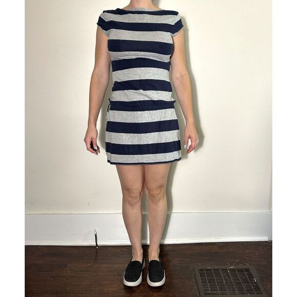 Y2K American Eagle Blue Gray Striped Waist Tie Dress Size Medium - Picture 2 of 7